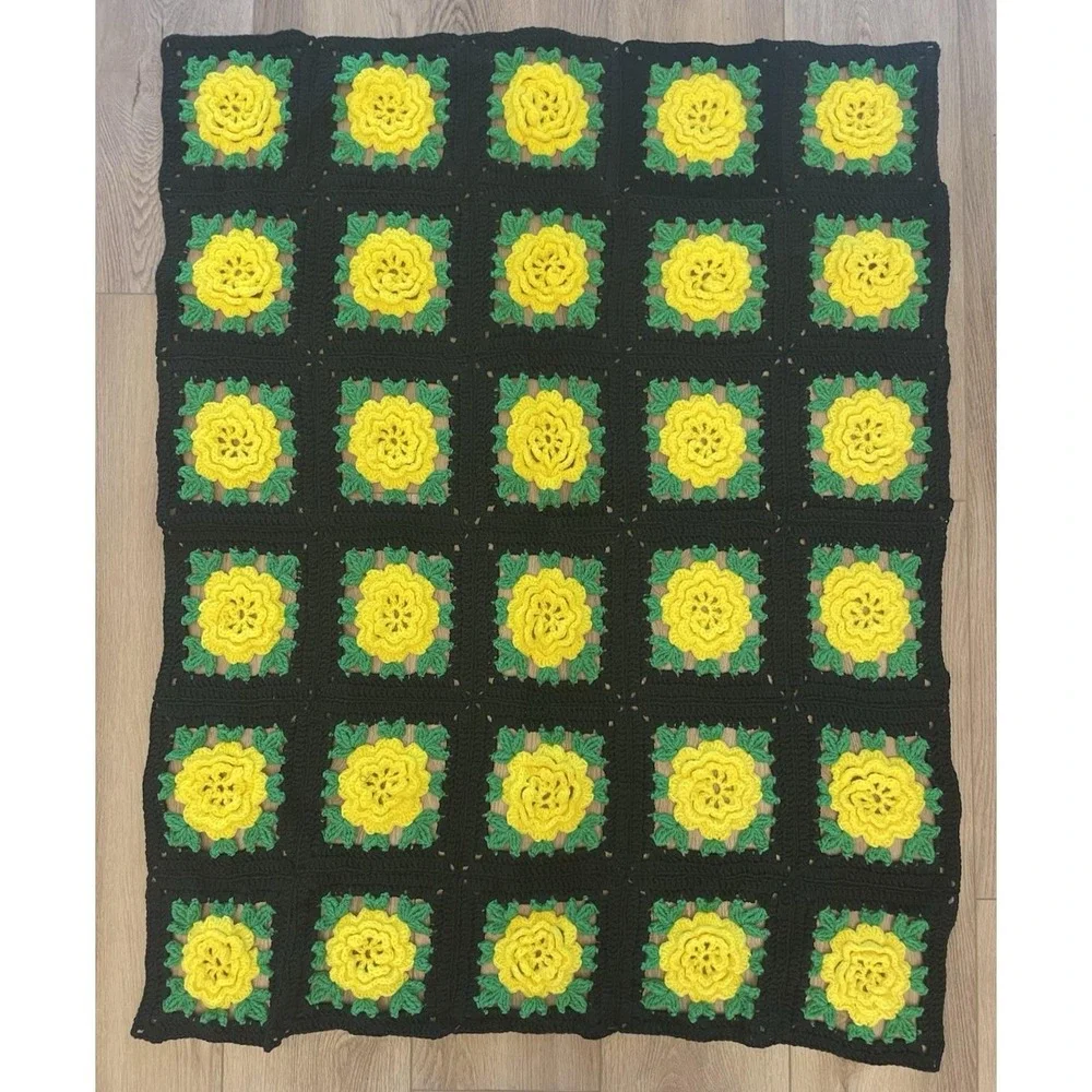Vtg 70s Yellow Flower Sq. Crochet Afghan Sofa Throw Blanket 38